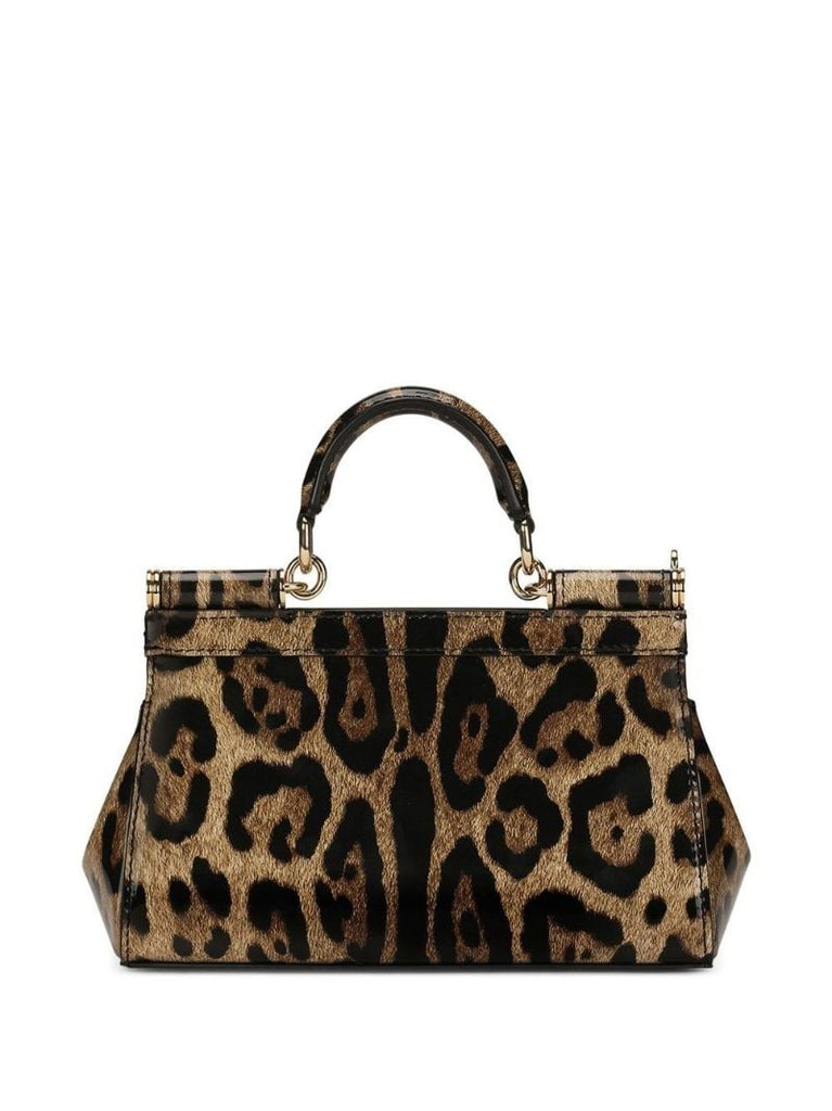 Brown Sicily Small Leopard Print Leather Top Handle Bag