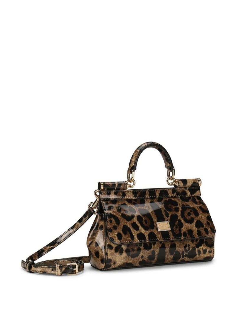 Brown Sicily Small Leopard Print Leather Top Handle Bag
