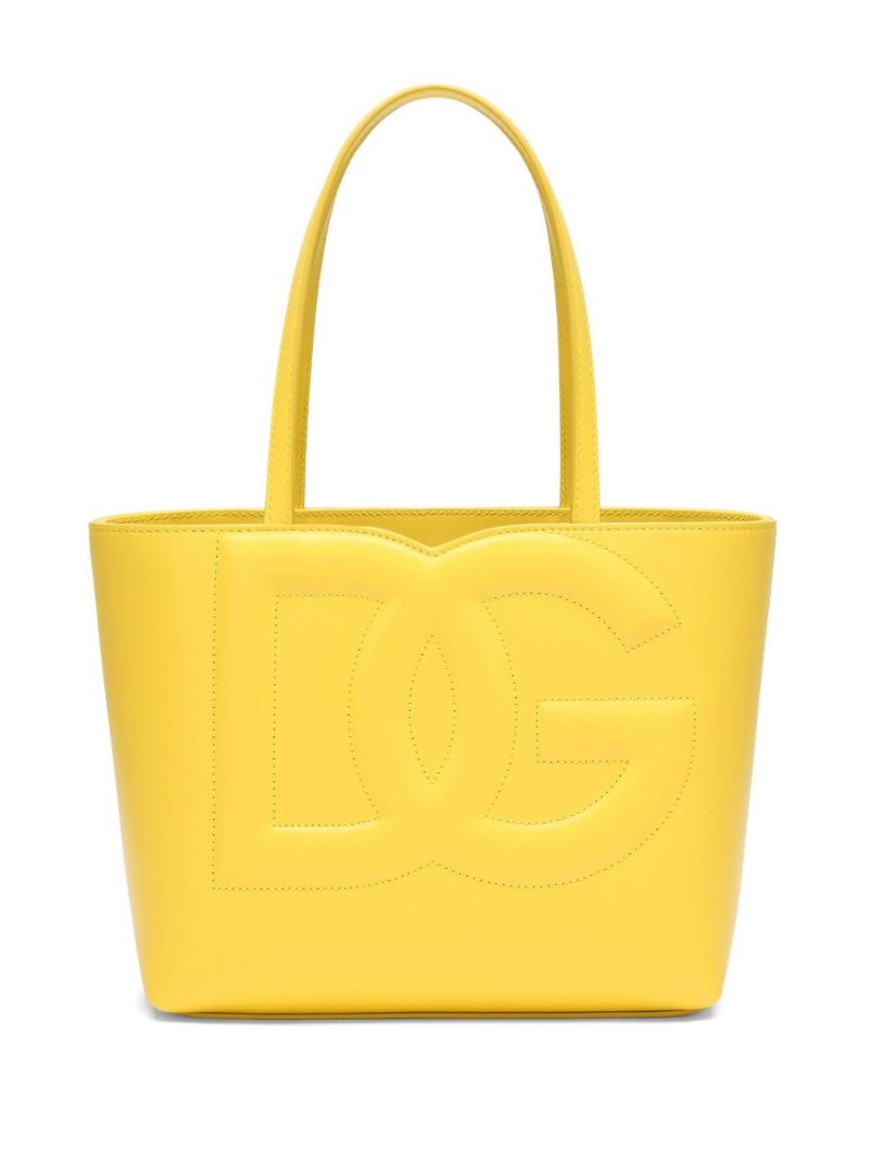 Yellow Logo Debossed Leather Tote Bag