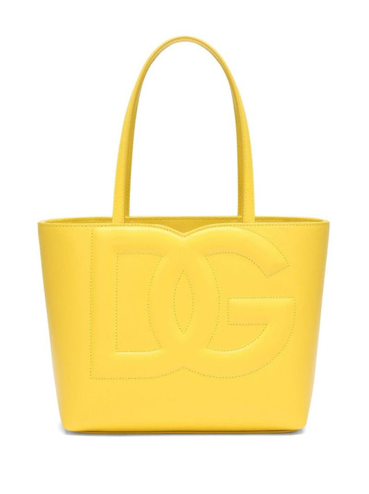 Yellow Logo Debossed Leather Tote Bag