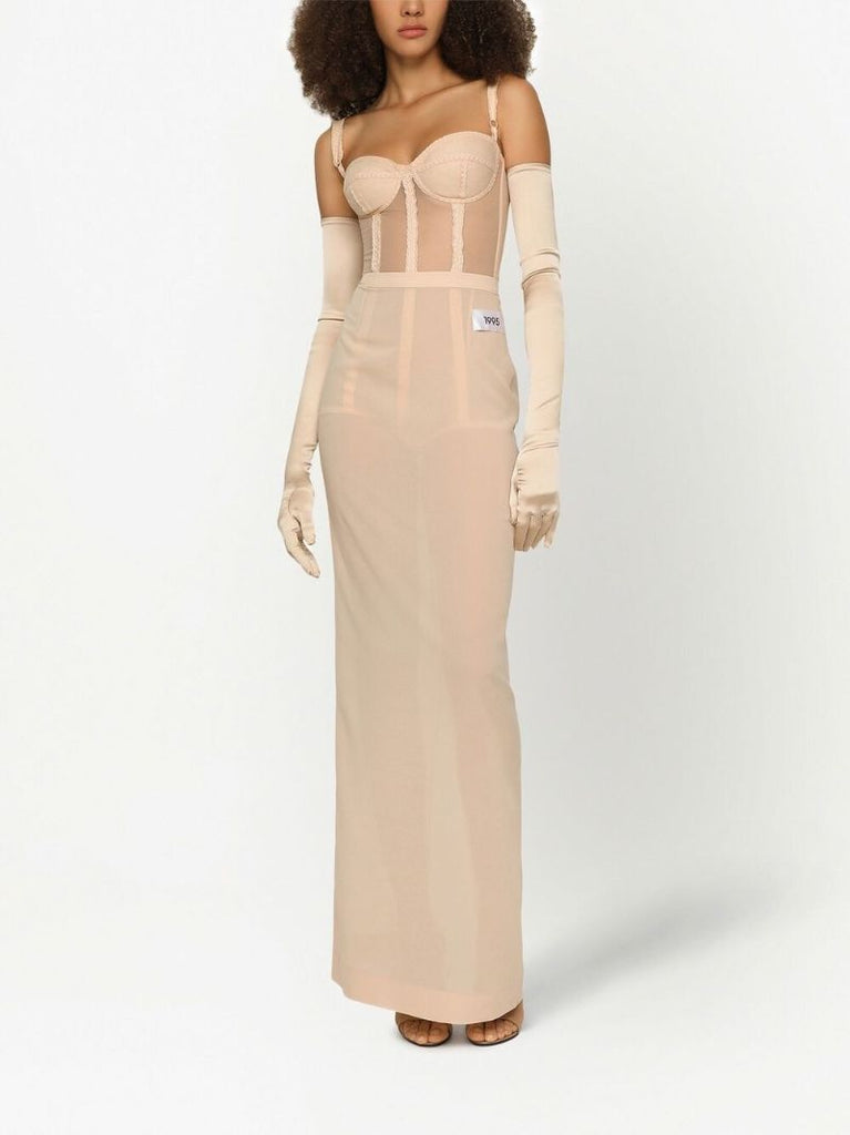 Neutral Lace-trim Semi-sheer Bodysuit