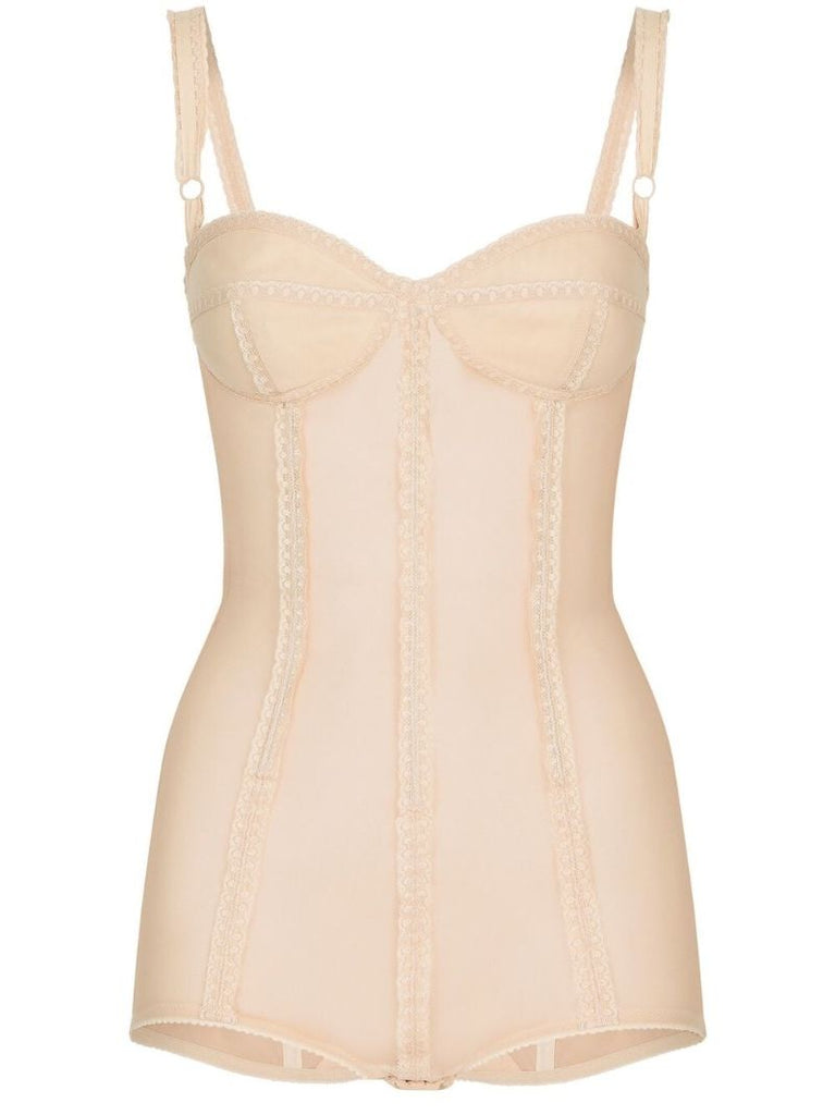 Neutral Lace-trim Semi-sheer Bodysuit