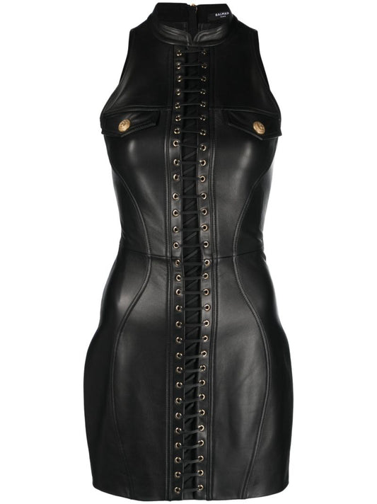 Black Lace-up Leather Dress