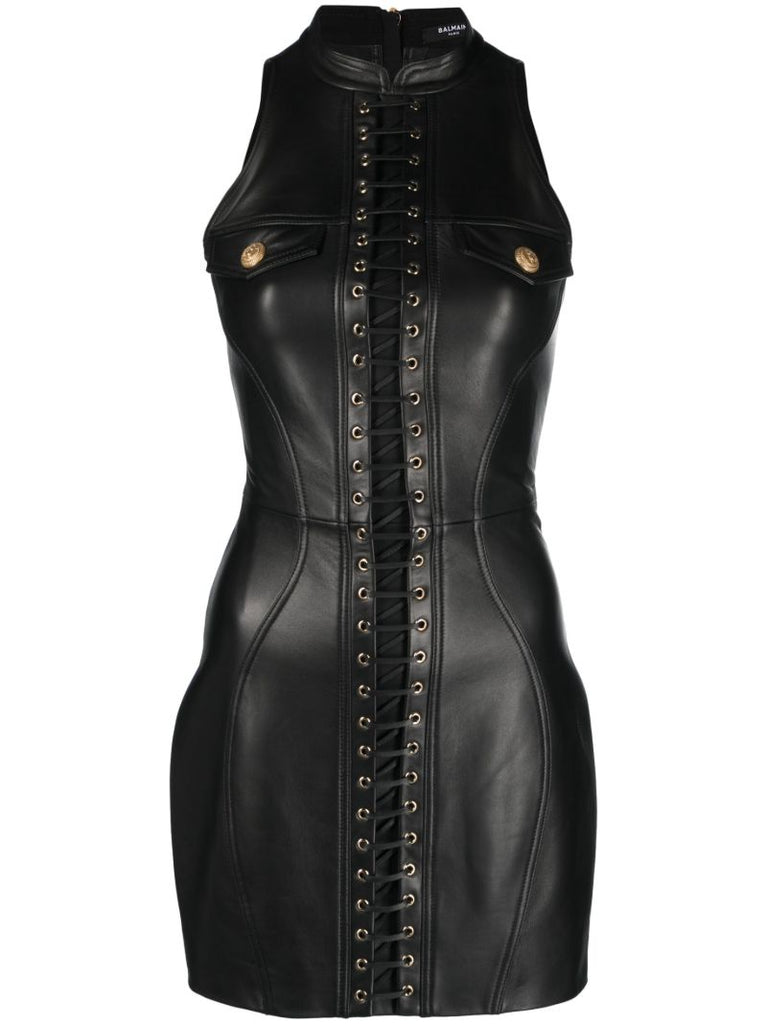Black Lace-up Leather Dress