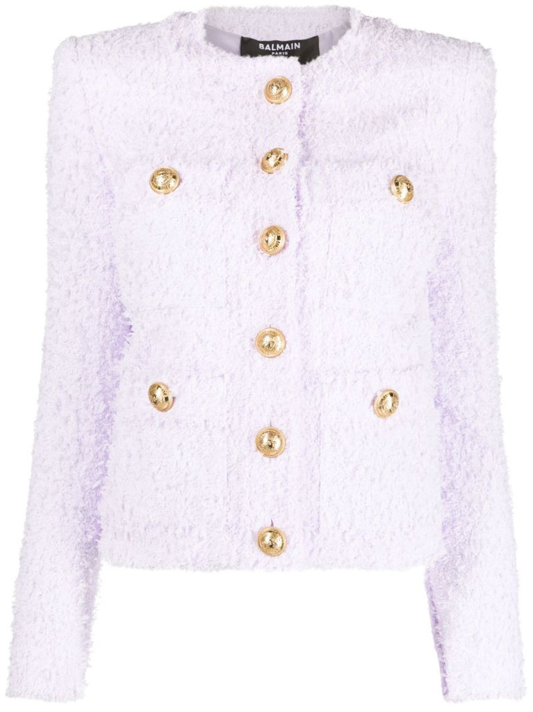 Purple Collarless Tweed Jacket