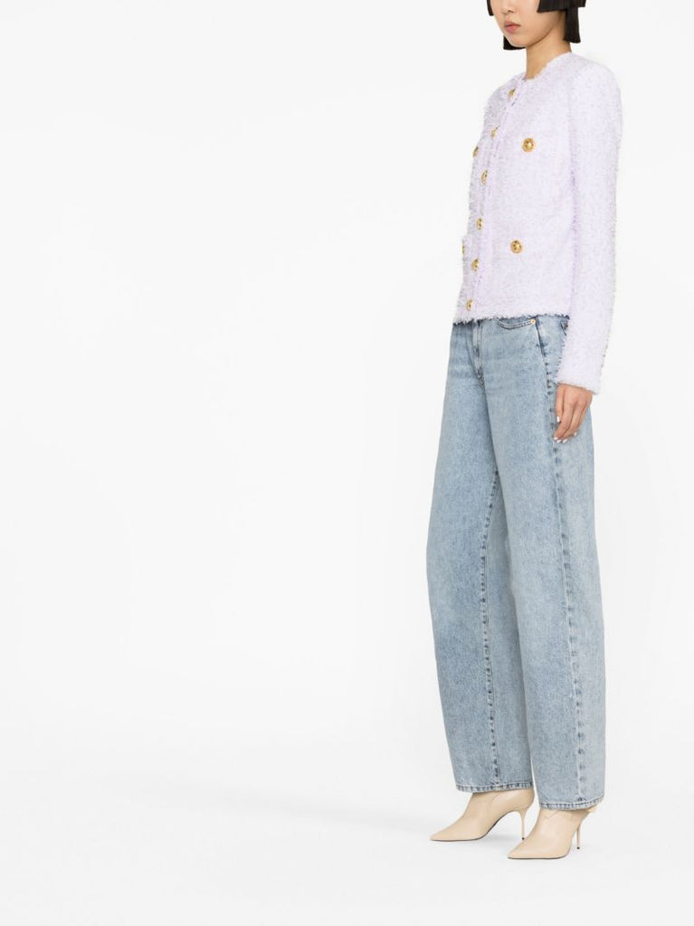 Purple Collarless Tweed Jacket