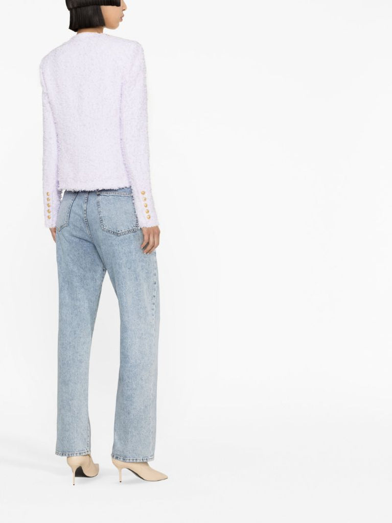 Purple Collarless Tweed Jacket