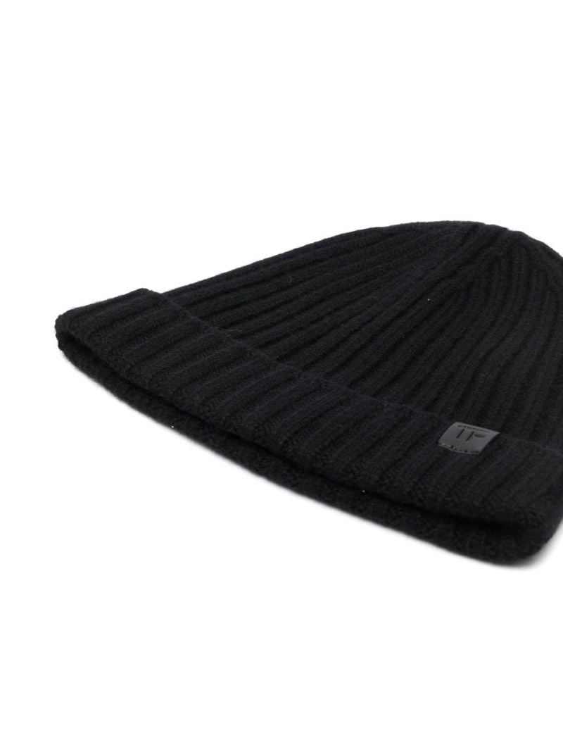 Black Logo Patch Ribbed Knit Beanie