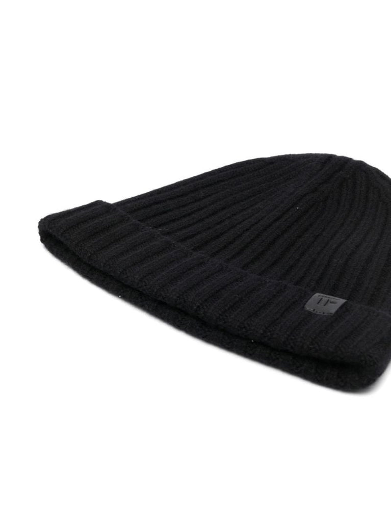 Black Logo Patch Ribbed Knit Beanie