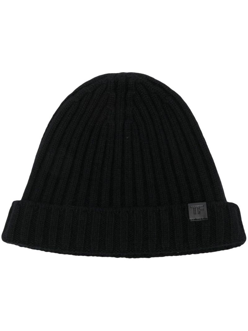 Black Logo Patch Ribbed Knit Beanie