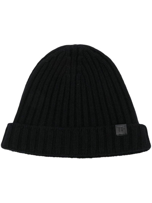 Black Logo Patch Ribbed Knit Beanie