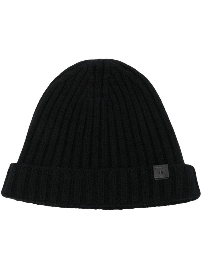 Black Logo Patch Ribbed Knit Beanie