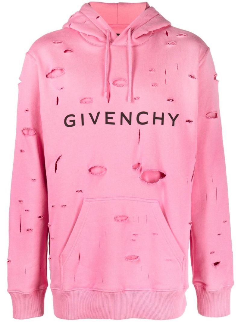 Pink Distressed Logo Print Cotton Hoodie