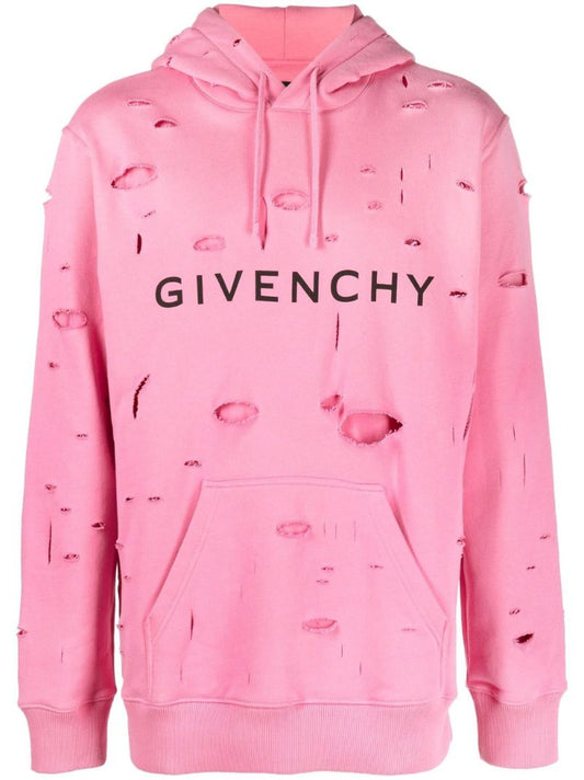 Pink Distressed Logo Print Cotton Hoodie