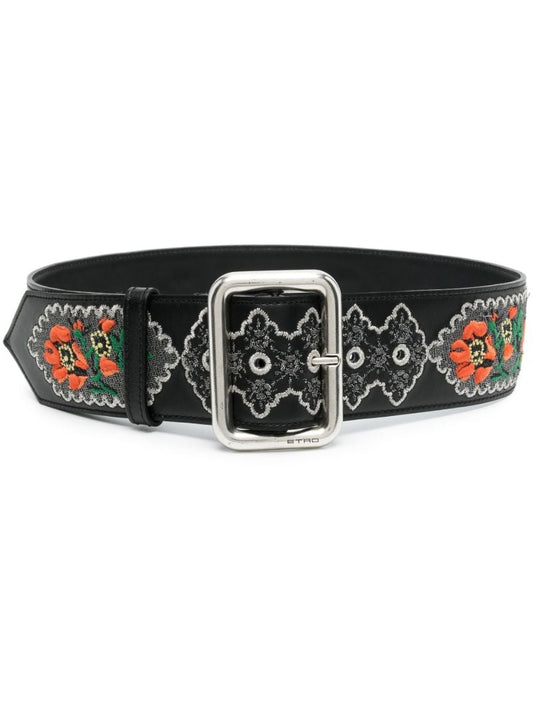 Black Embroidered Leather Belt