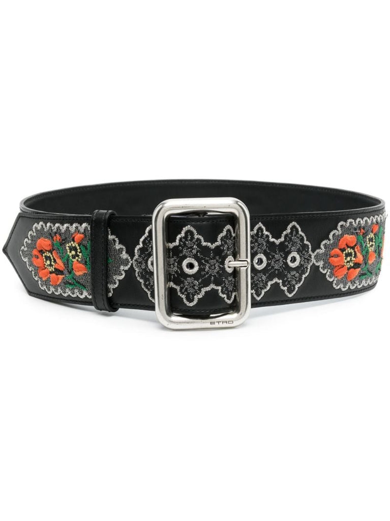 Black Embroidered Leather Belt
