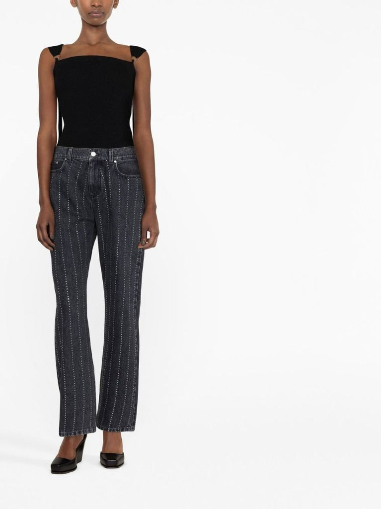 Black Crystal-embellished Pinstriped Straight-leg Jeans
