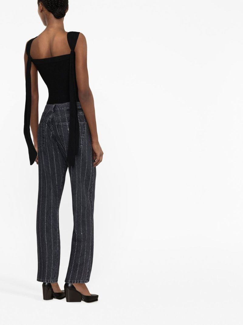 Black Crystal-embellished Pinstriped Straight-leg Jeans
