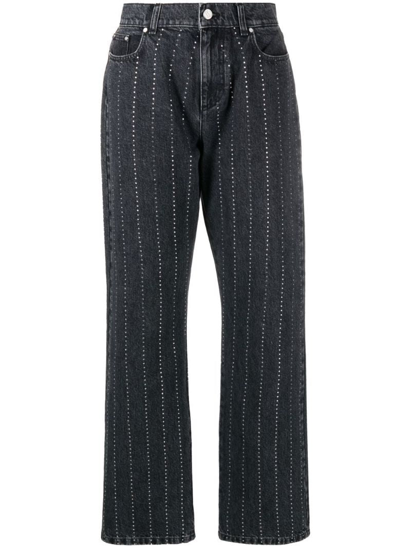 Black Crystal-embellished Pinstriped Straight-leg Jeans