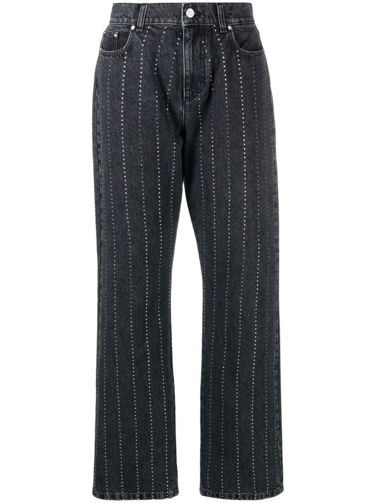Black Crystal-embellished Pinstriped Straight-leg Jeans