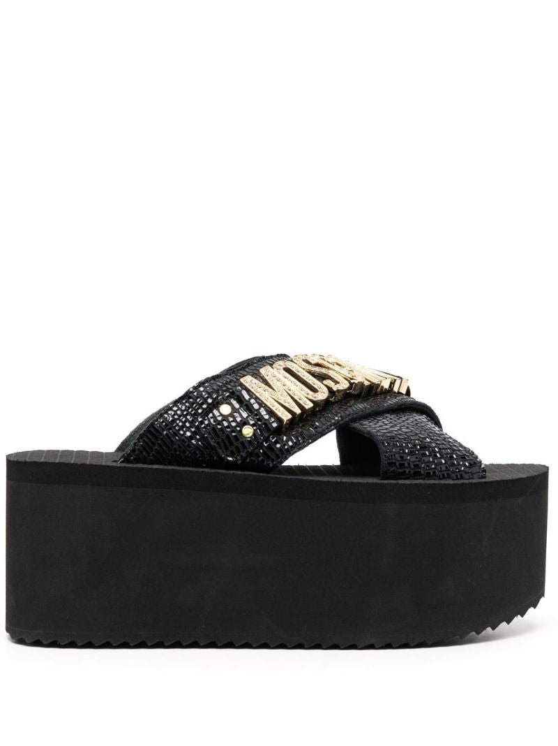 Black Logo Lettering Wedge Sandals