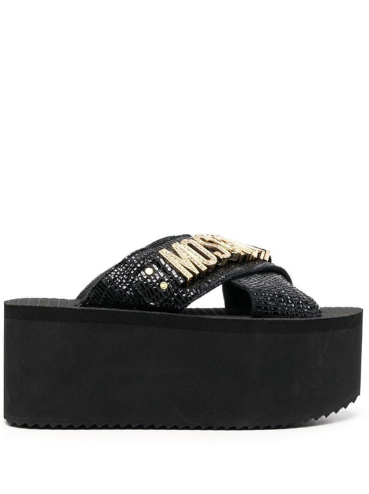 Black Logo Lettering Wedge Sandals