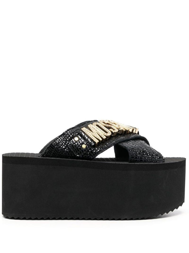 Black Logo Lettering Wedge Sandals