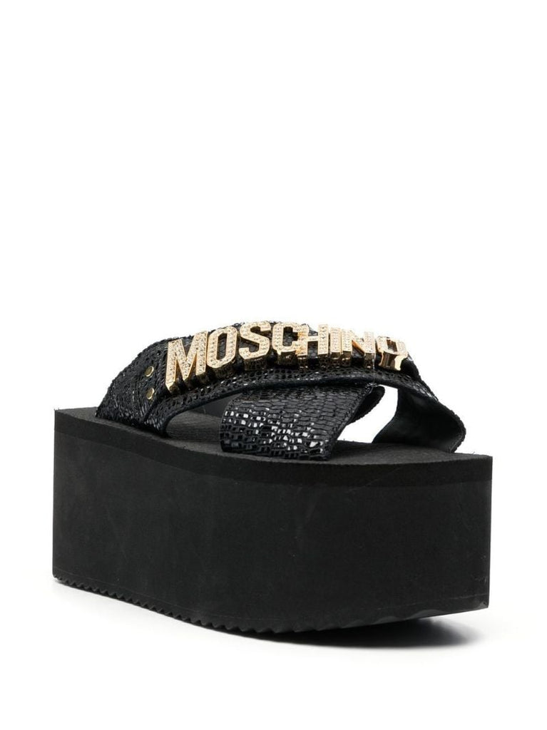Black Logo Lettering Wedge Sandals