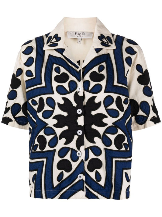 Blue Kaia AppliquÃ_x0083_Â© Cotton Shirt