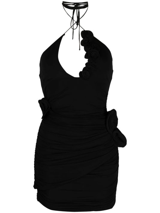 Black Floral AppliquÃ_x0083_Â© Ruched Mini Dress