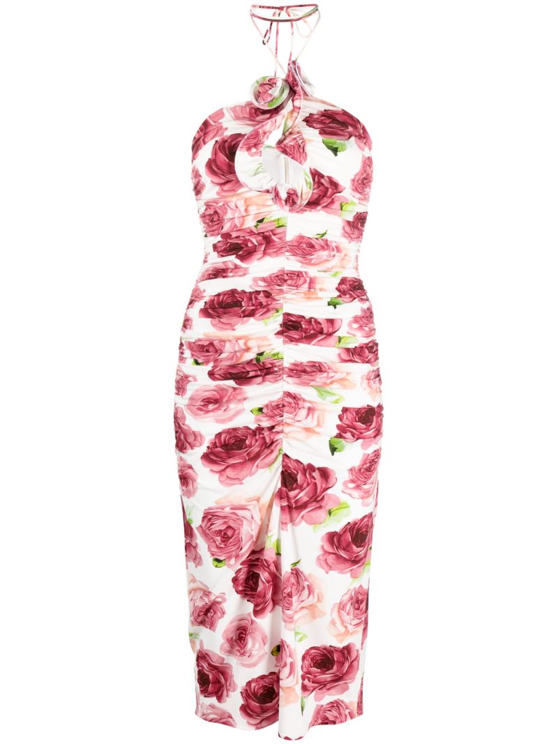 Pink Rose Print Halterneck Midi Dress