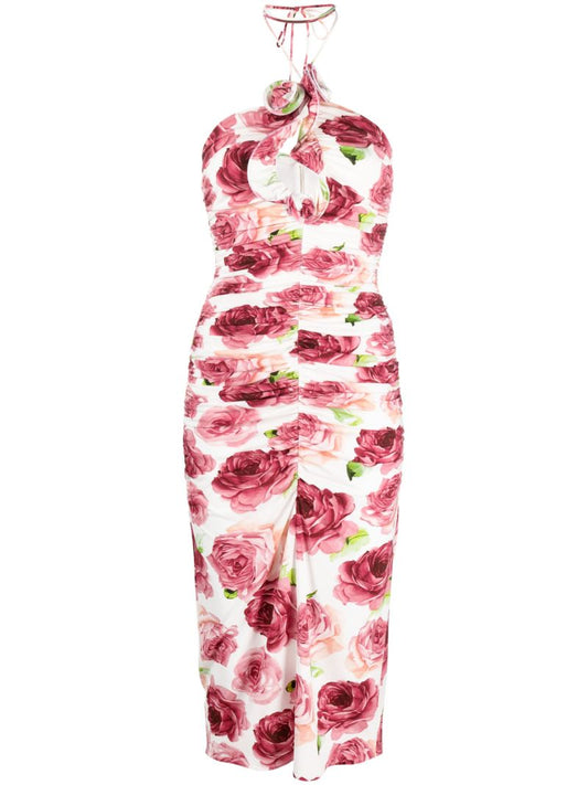 Pink Rose Print Halterneck Midi Dress