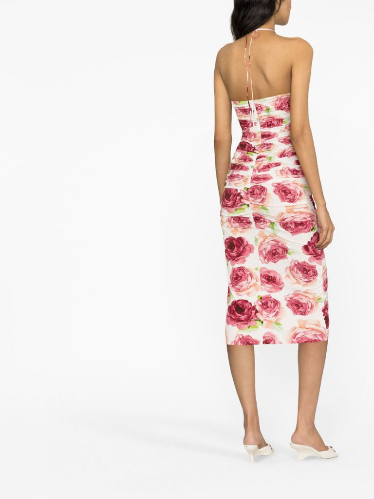 Pink Rose Print Halterneck Midi Dress