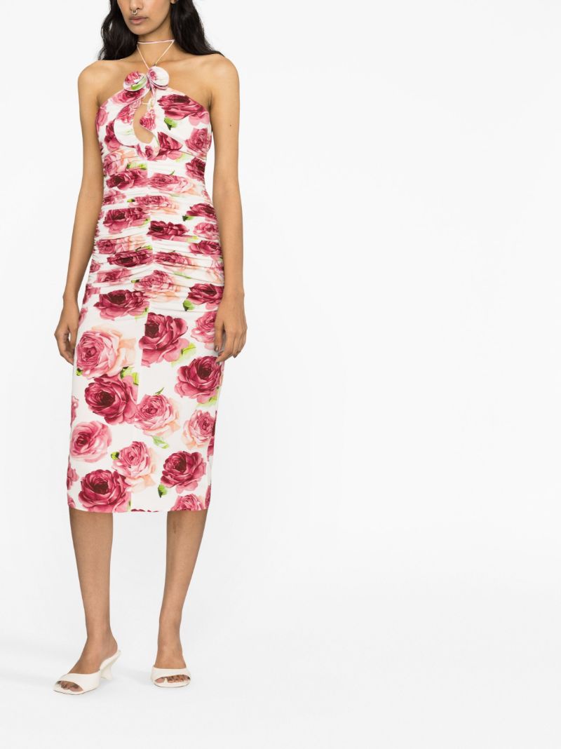 Pink Rose Print Halterneck Midi Dress