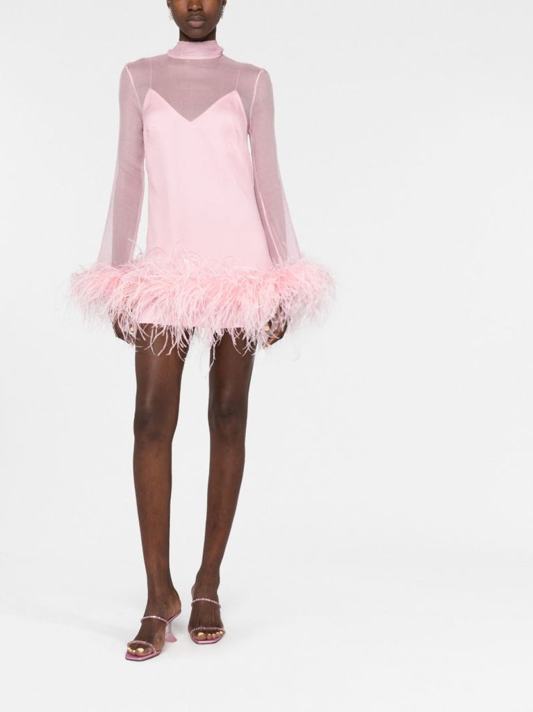 Pink Feather Trim Silk Mini Dress