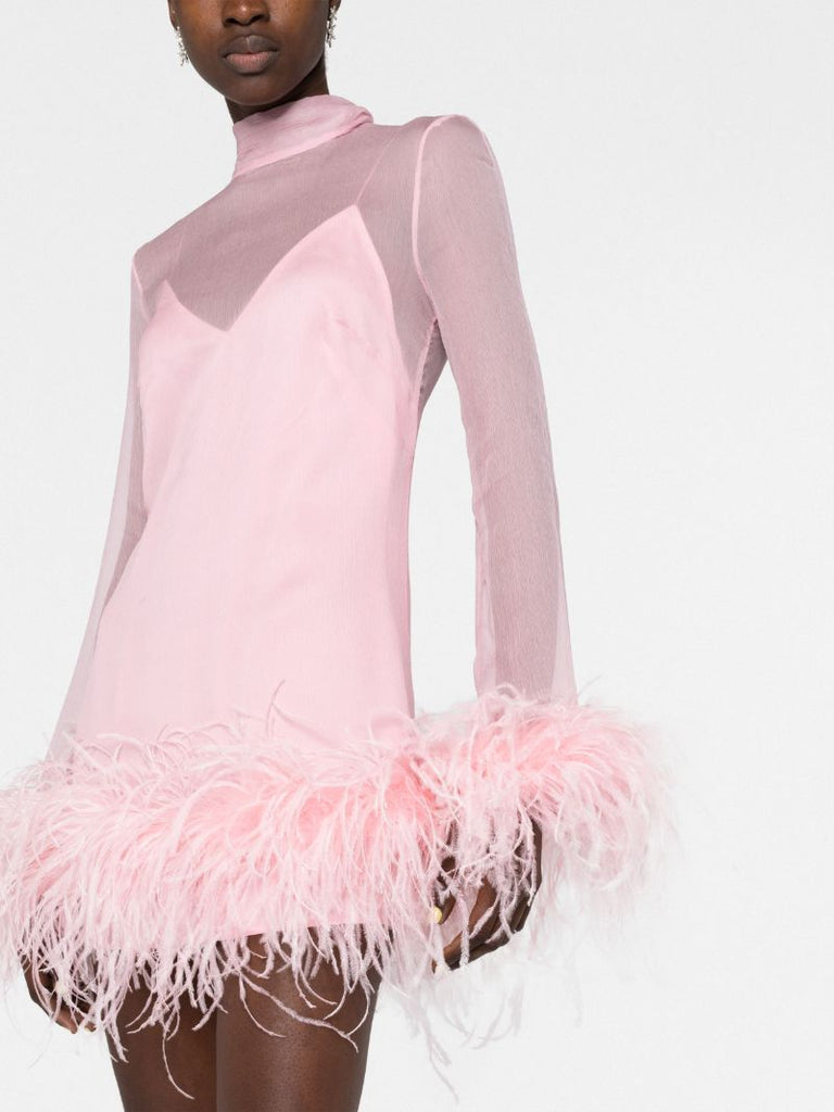 Pink Feather Trim Silk Mini Dress