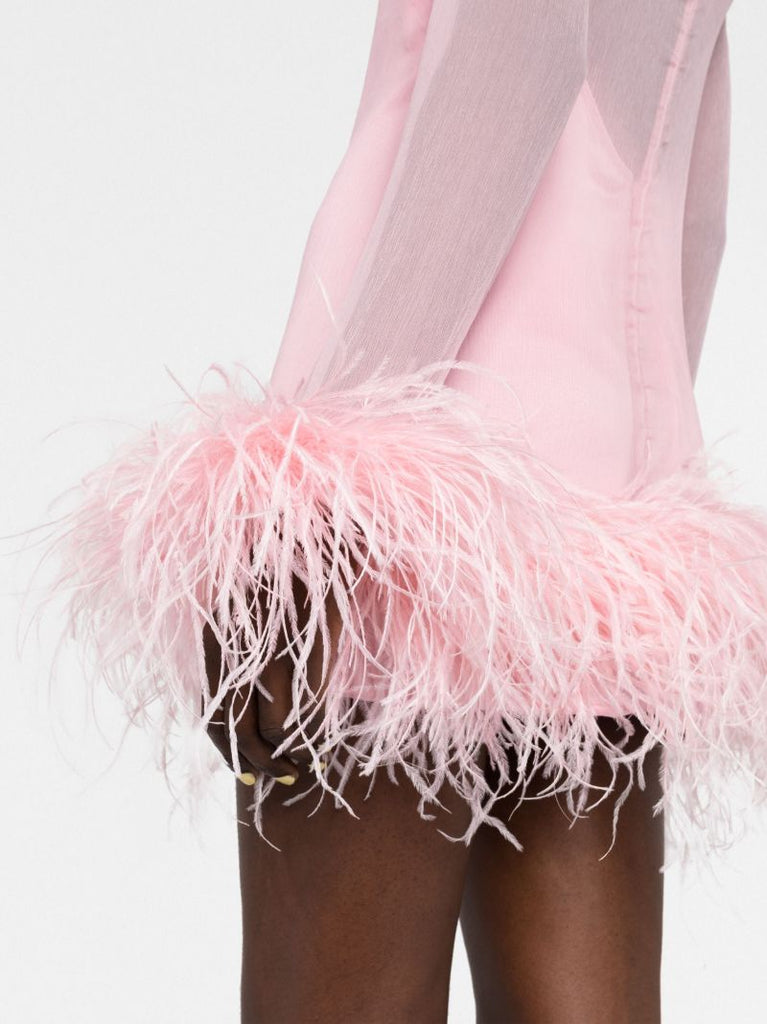 Pink Feather Trim Silk Mini Dress