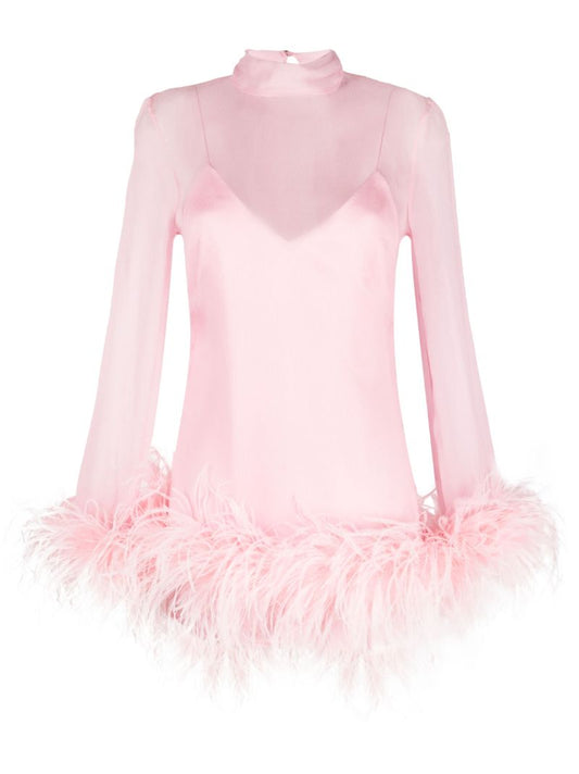 Pink Feather Trim Silk Mini Dress