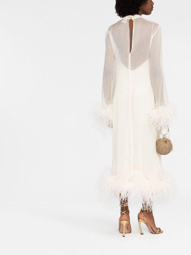 White Gina Feather-trim Silk Midi Dress