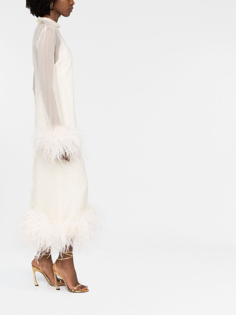 White Gina Feather-trim Silk Midi Dress