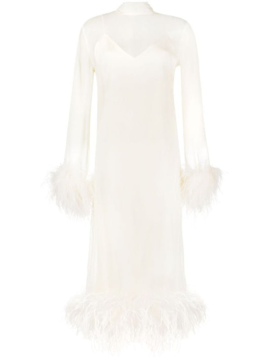 White Gina Feather-trim Silk Midi Dress