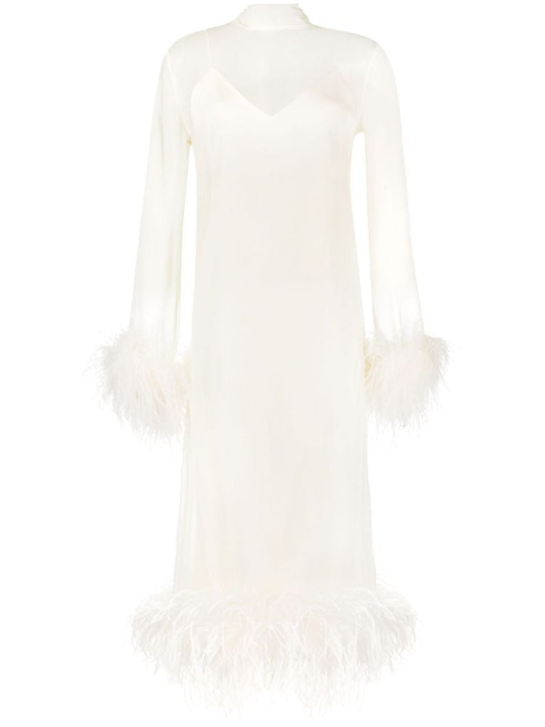 White Gina Feather-trim Silk Midi Dress