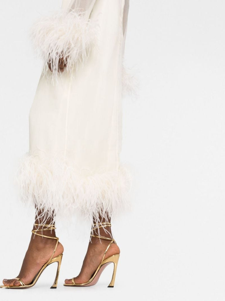 White Gina Feather-trim Silk Midi Dress