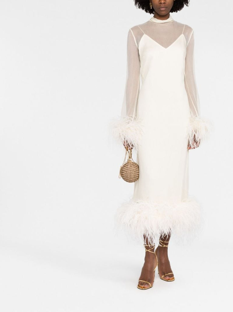 White Gina Feather-trim Silk Midi Dress