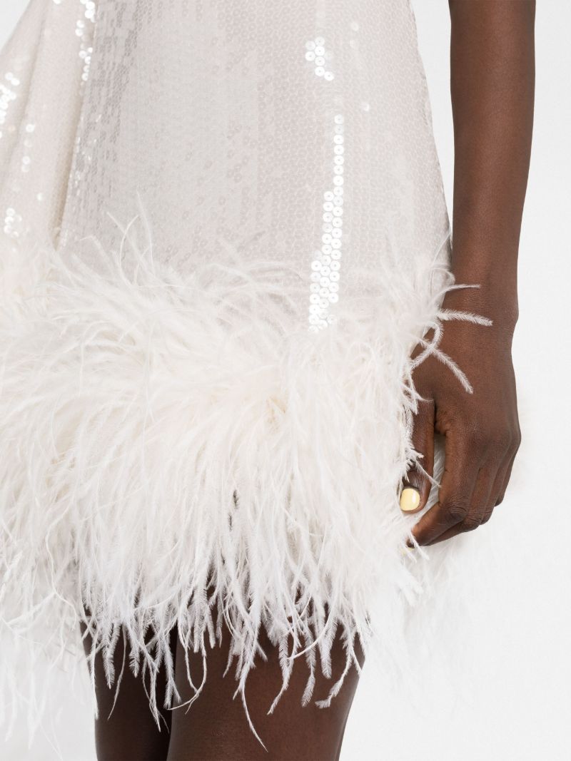 White Sequin One-shoulder Feather-trimmed Mini Dress