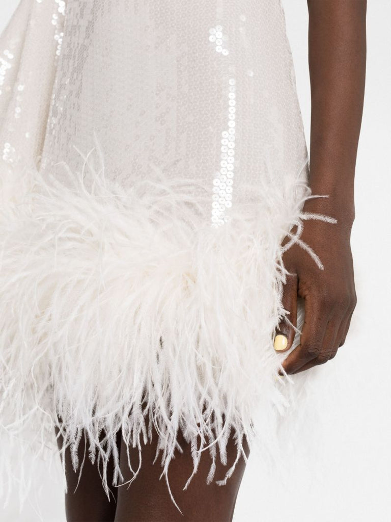 White Sequin One-shoulder Feather-trimmed Mini Dress