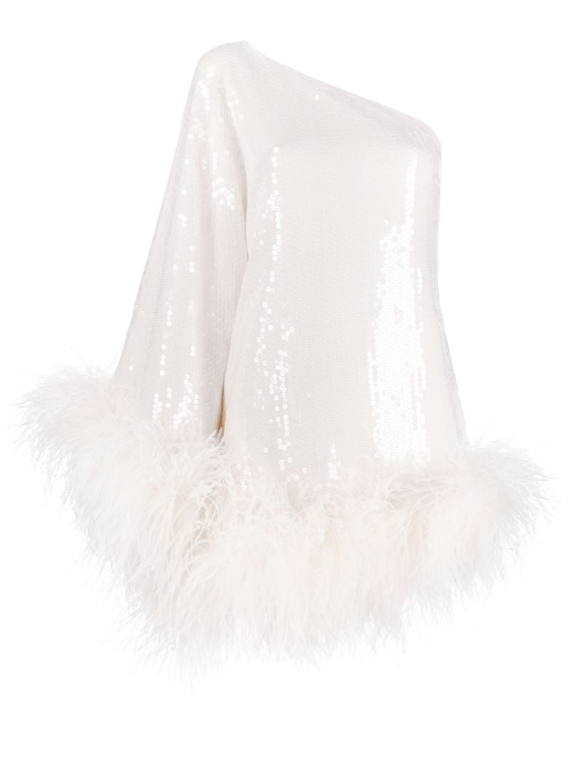 White Sequin One-shoulder Feather-trimmed Mini Dress