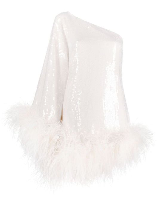 White Sequin One-shoulder Feather-trimmed Mini Dress