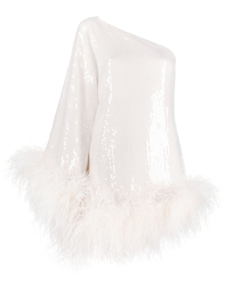 White Sequin One-shoulder Feather-trimmed Mini Dress