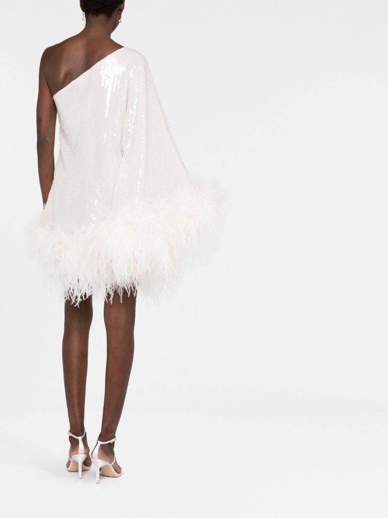 White Sequin One-shoulder Feather-trimmed Mini Dress